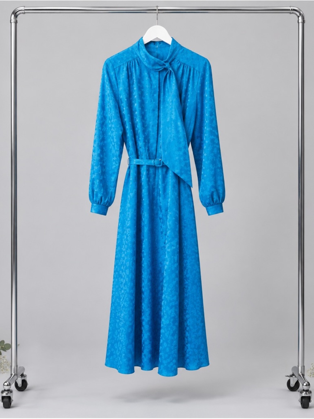 Southern Lady Bright Blue Long Sleeve Tie-Neck Maxi Dress